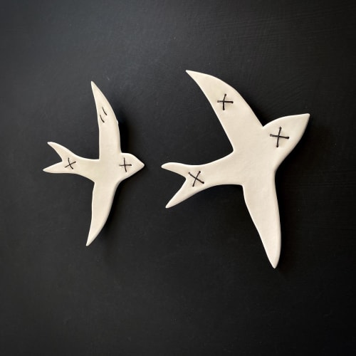 Black And White Hand Stitched Swallows | Wall Sculpture in Wall Hangings by Elizabeth Prince Ceramics