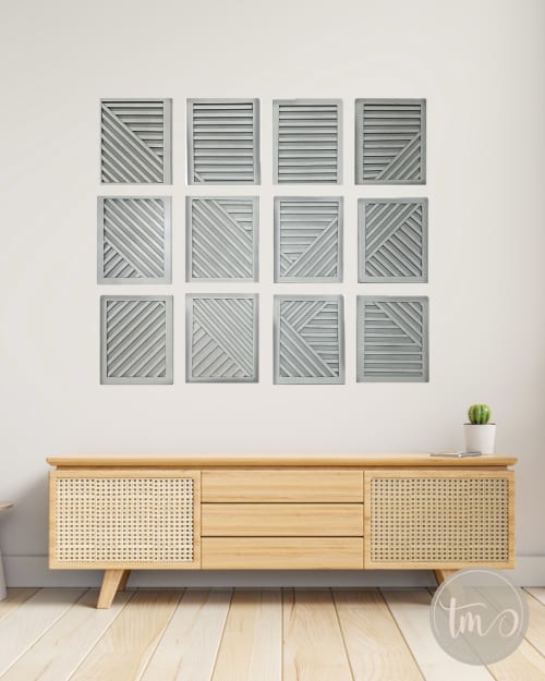 Geometric Criss Cross 12 Piece Gray Wooden Wall Collage | Mixed Media by TM Olson Collection
