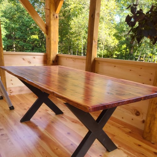 Red Cedar table with metal X base | Tables by Gill CC Woodworks
