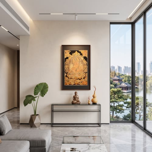 Framed Imperial Yunjin Silk Yellow Jambhala Thangka Art | Embroidery in Wall Hangings by Dynasty Artisan