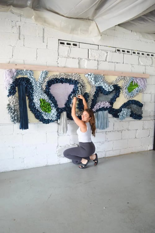 Large Abstract Macrame Art with Navy, Slate & Moss Accents | Tapestry in Wall Hangings by Camille McMurry