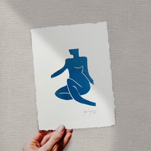 Lady in blue, Linocut, Ink on paper | Prints by Llinella