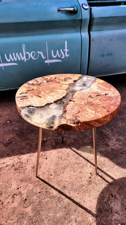 Maple Burl+Selenite, Quartz, Pyrite Hollywood Glam Cocktail | End Table in Tables by Lumberlust Designs