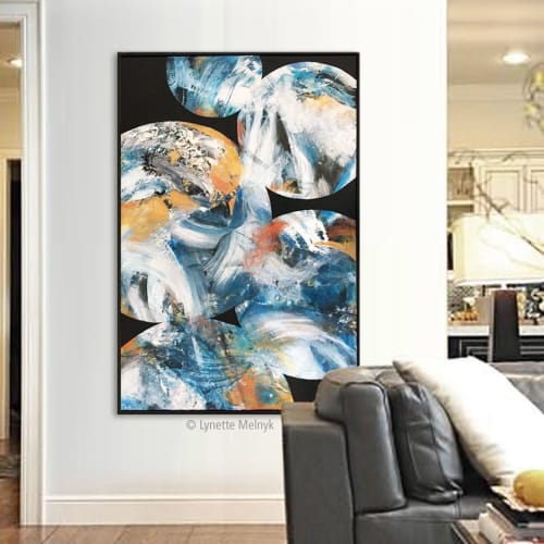 Reach for the Stars - abstract black, blue, white, golds | Paintings by Lynette Melnyk
