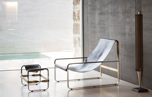 Set Chaise Longue and Footstool, Brass Steel & Black Leather | Couches & Sofas by Jover + Valls