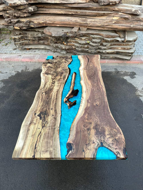 Turquoise Epoxy Resin River Live Edge Custom Dining Table | Tables by Tinella Wood