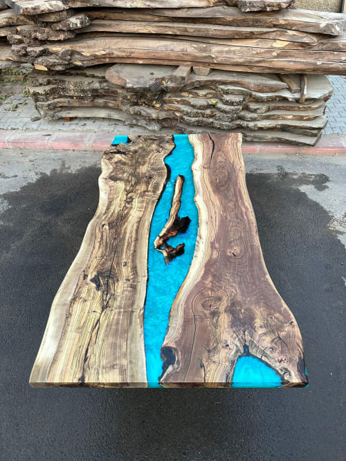 Turquoise Epoxy Resin River Live Edge Custom Dining Table | Tables by Tinella Collection