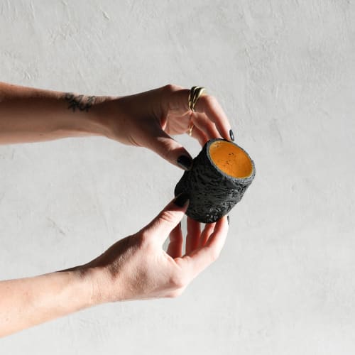 Tea Light Holder in Carbon Black Concrete with Moonrise Gold | Candle Holder in Decorative Objects by Carolyn Powers Designs