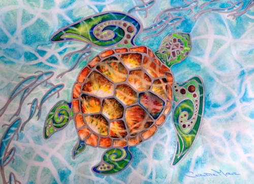 "Honu Island Waters" Is a mixed media, watercolor and silver paint pen painting | Paintings by Christie Marie E. Russell
