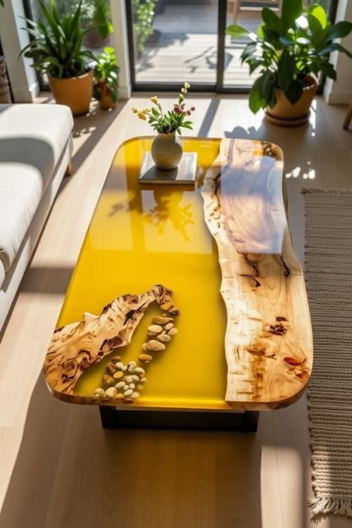 Handcrafted Yellow Epoxy River Coffee Table | Live Edge Wood | Tables by SK EPOXY CRAFT