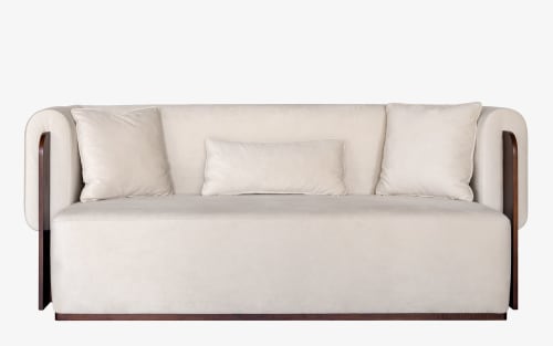 Baika Beige Velvet and Wood Detailed Triple Sofa | Couches & Sofas by LAGU