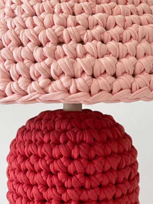 The Knitty Table Lamp in Cherry Red and Pale Pink | Lamps by Meg Morrison