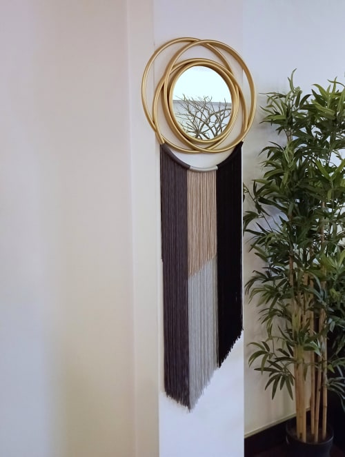 Round Mirror With Gold Edge and Macrame | Decorative Objects by Magdyss Boutique