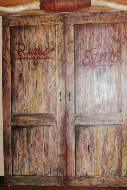 Rudy's Restaurant Interior Faux Wood treatment and Logo on Main Dining Entry Doors. | Wall Treatments by Scott Joseph Greise