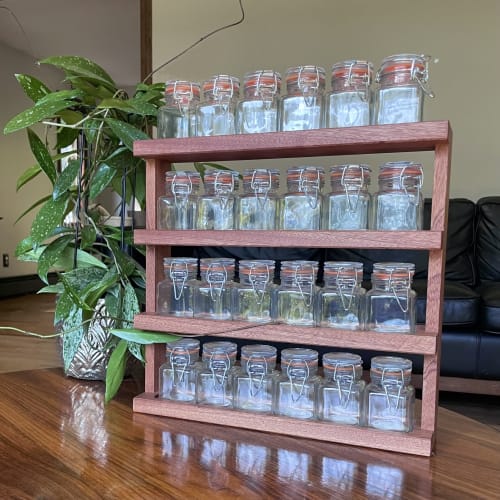 "Chef's" Spice Rack w/ 24 Glass Jars - in Sapele/Mahogany | Storage by Sterling Woodcrafts
