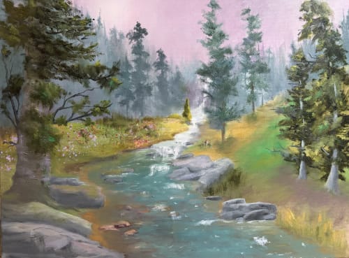 Renewal - A creek and wildflower meadow painting | Paintings by Christine G