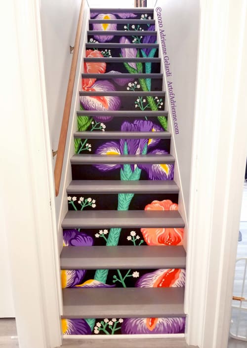 Irises Painted onto Wooden Stairs | Murals by Art of Adrienne