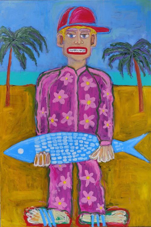 Boy with fish on the beach | Paintings by Berez Art