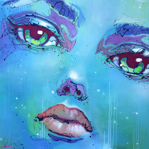 PAINTING: MESMERIZING HEAD IN OCEANIC BLUE URBAN POP ART | Oil And Acrylic Painting in Paintings by Monique van Steen