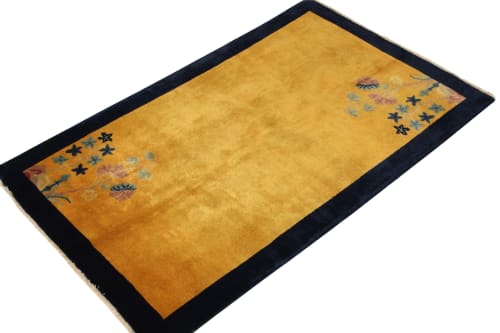 Vintage Chinese Deco style rug in Gold, Deep Blue Border | Rugs by Rug and Kilim