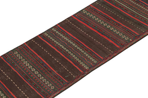 Vintage Persian Kilim Runner in Aubergine with Red Stripes | Area Rug in Rugs by Rug and Kilim