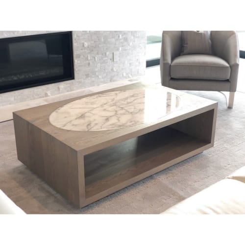 Solid White Oak Coffee Table with inset Carrara Marble | Tables by Angel City Woodshop