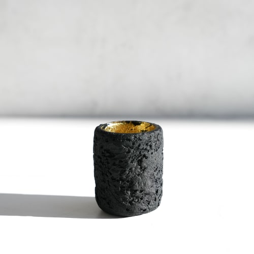 Tea Light Holder in Carbon Black Concrete with Sunrise Gold | Decorative Objects by Carolyn Powers Designs