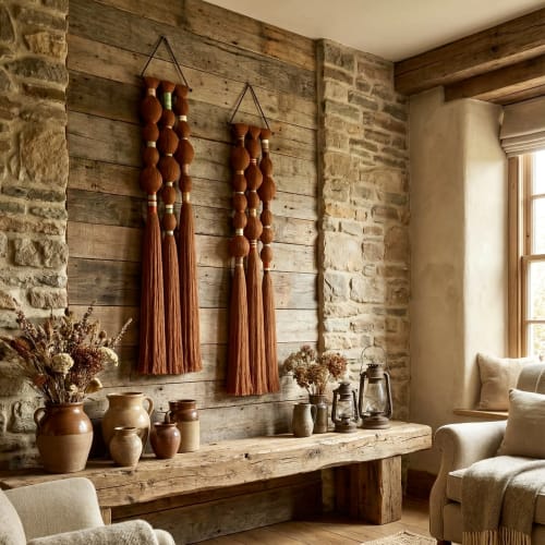 Handmade Fiber Wall Sculpture with Sculptural Tassels | Sculptures by Sarmal Design