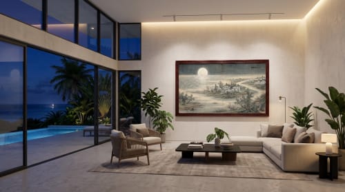 Hand-Painted Silk Moonlight River Landscape Gongbi Fine Art | Oil And Acrylic Painting in Paintings by Dynasty Artisan