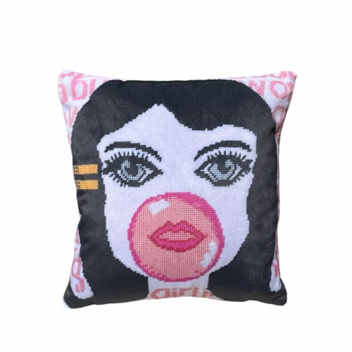 velvet BUBBLE GIRL IN A BUBBLEGUM WORLD custom pillow cover | Pillows by Mommani Threads