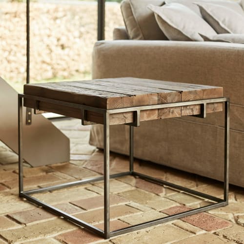 Reclaimed Wood Side Table with Metal Frame