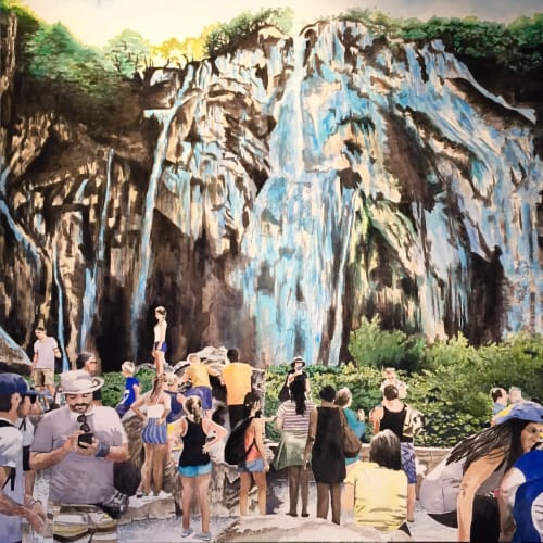 Plitvice Lakes Waterfall, 2019, 54 x 54 inches, acrylic on canvas | Paintings by Arran Harvey | Arran Harvey Studio in San Francisco