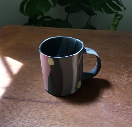 Slab-built porcelain mug with black and other colors. | Drinkware by Renee's Ceramics