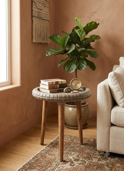 Carved Grid Wooden Accent Side Table | Decorative Objects by Famous Art Group Of Industries