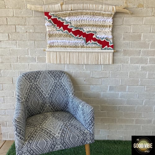 Mixed Fiber Tapestry on Driftwood - White and Red Abstract | Wall Hangings by The Good Vibe Effect
