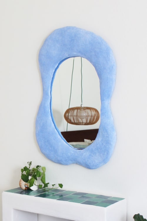 Blue Organic Assymetrical Plaster Mirror | Decorative Objects by Mahina Studio Arts
