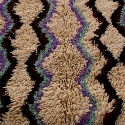 Vintage Moroccan Geometric Beige Brown and Purple Wool Shag | Area Rug in Rugs by Rug and Kilim