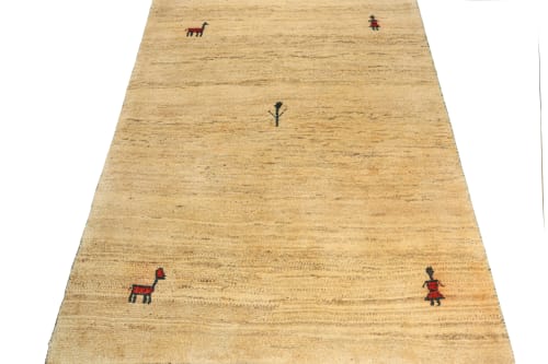 Vintage Gabbeh Tribal Rug in Beige-Brown Open Field with Red | Area Rug in Rugs by Rug and Kilim