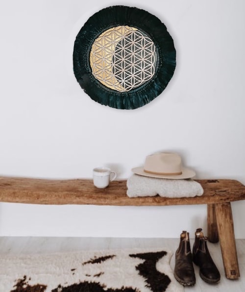 Flower of life Wall Decor - Black with Gold-leaf moon | Wall Sculpture in Wall Hangings by Gissell Studio - Textile & Botanical Art | León Dragón in Incline Village