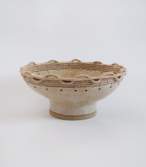 Handmade Decorative Bowl #792 in tan with woven edge detail | Decorative Objects by Karen Gayle Tinney