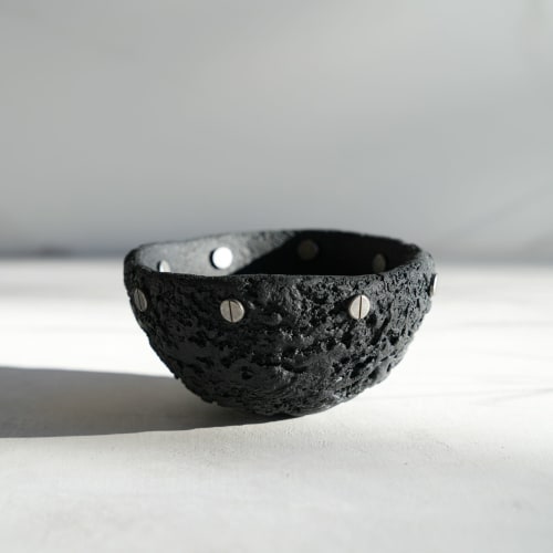 Medium Treasure Bowl in Black Concrete with Silver Rivets | Decorative Objects by Carolyn Powers Designs