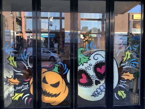 Halloween Windows and interior Glass painting | Paintings by Priscilla Perez | Mojo Restaurant in Queens