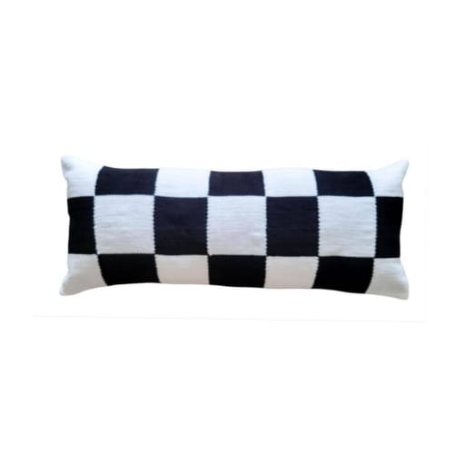 Checkered Handwoven Long Cotton Lumbar Pillow Cover | Cushion in Pillows by Mumo Toronto Inc