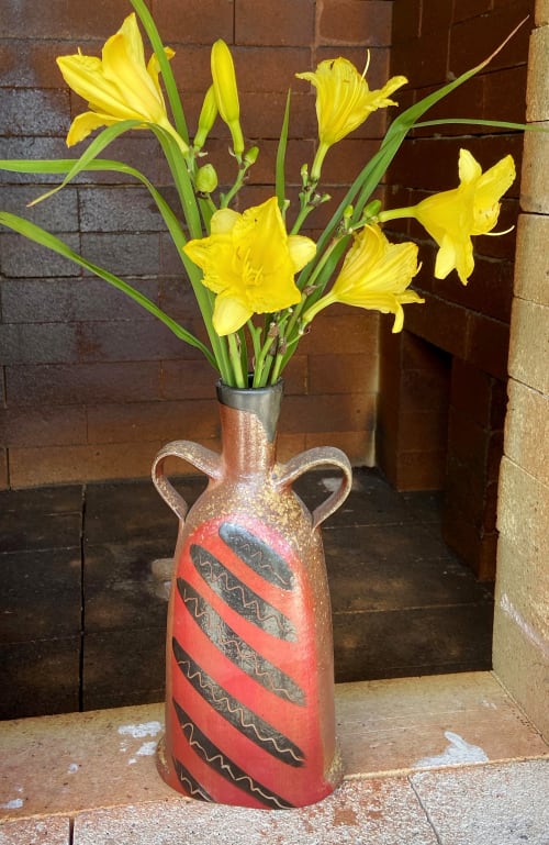 Red/Black Striped Bottle | Vases & Vessels by Bad Wolf Pottery | Bad Wolf Pottery in Taylorville