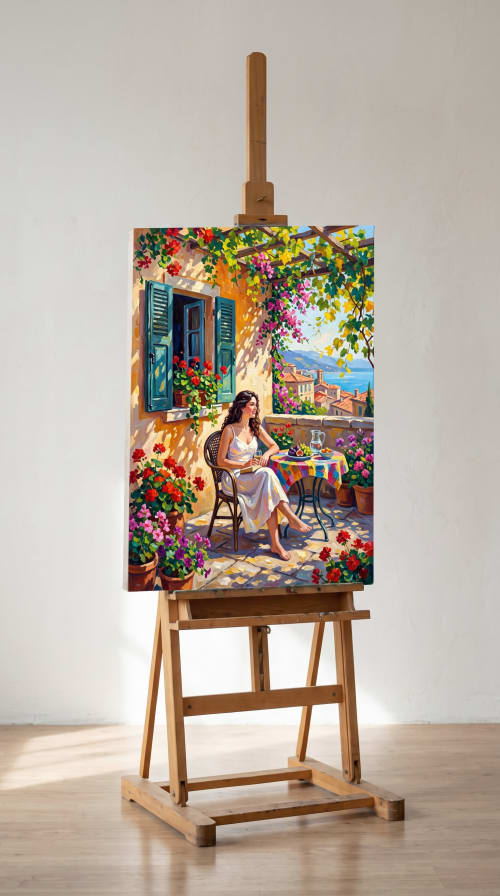 Hand-Painted Italian Riviera Sunlit Patio on Linen Art | Paintings by Yuchen Y