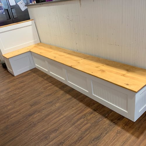 L-Shaped Bench with Storage | Benches & Ottomans by Northern South Woodworks | The Purple Bowl in Chapel Hill