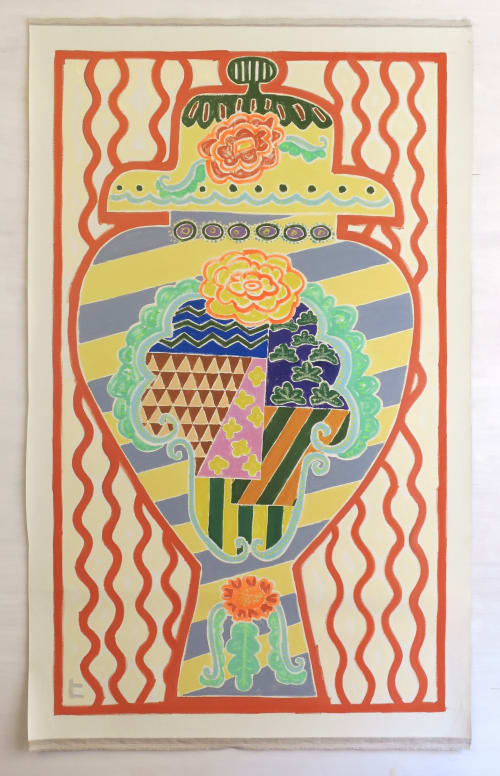 Large Yellow and Grey Jar with flower and Japanese  patterns | Paintings by Hikaru O
