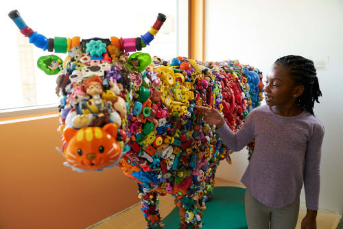 Toy Cow | Public Sculptures by Donald Gialanella | Stanford Children's Health | Lucile Packard Children's Hospital Stanford in Palo Alto