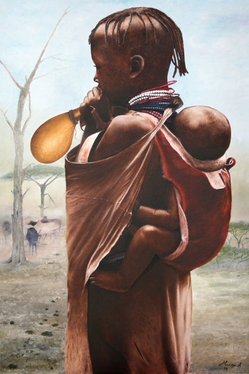 Turkana girl carrying a baby | Paintings by Mwenye painter | Private Residence in Worcester