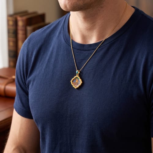 Wealth Yellow Jambhala Thangka Pendant Sapphire Micro Art | Ornament in Decorative Objects by Dynasty Artisan